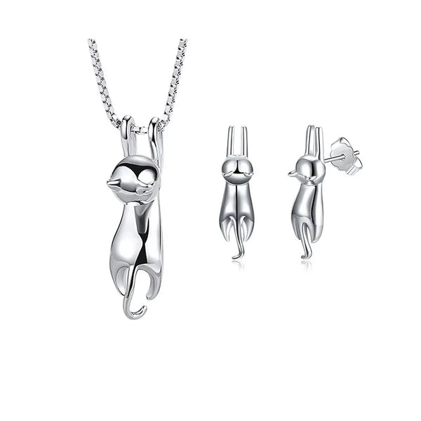 Wedding Bridal Jewelry Sets for Women 925 Sterling Silver Cute Cat Earrings Long Chain Necklaces Pendant Party Gifts