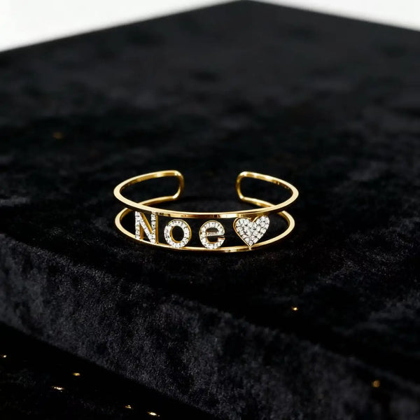 Luxury Gold Cuff Bracelet for Women with Custom Name and Heart Crystal Design