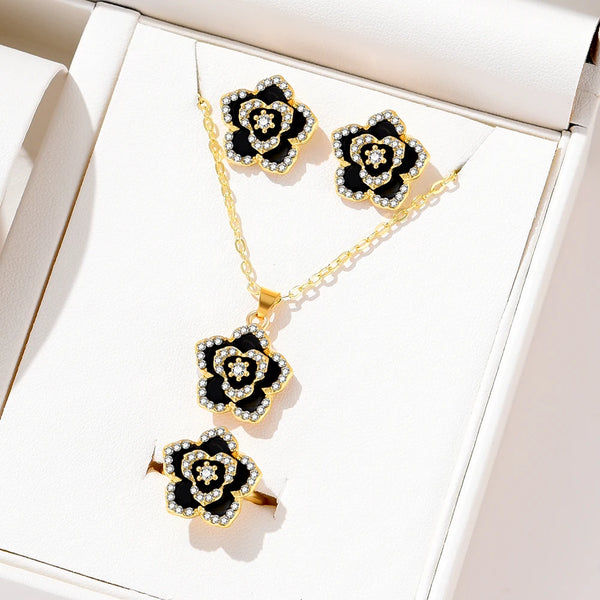 4 Piece Set Of Women Black Floral Jewelry Necklace Earrings And Ring Set Personalized Fashionable And Versatile Creative Jewelry