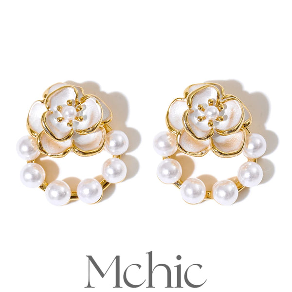 Mchic Earrings Camellia Pearl Pendant High-end Exquisite Niche Design Fashionable Jewelry Wholesale