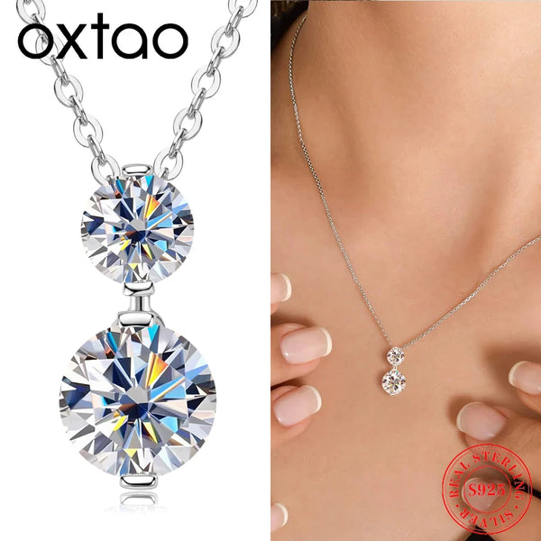 OXTAO 925 Sterling Silver Moissanite Two-stone Pendant Necklace for Women  D Color VVS1 Diamond Engagement Wedding Jewelry Gift