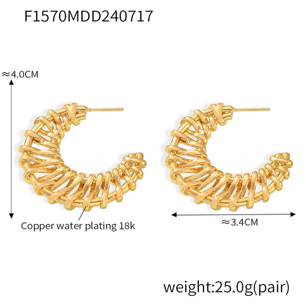 Chic Knited C Shape Copper Gold Plated Earrings For Women Charm Ear Hoop Curved Luxury Daily Jewelry Gift