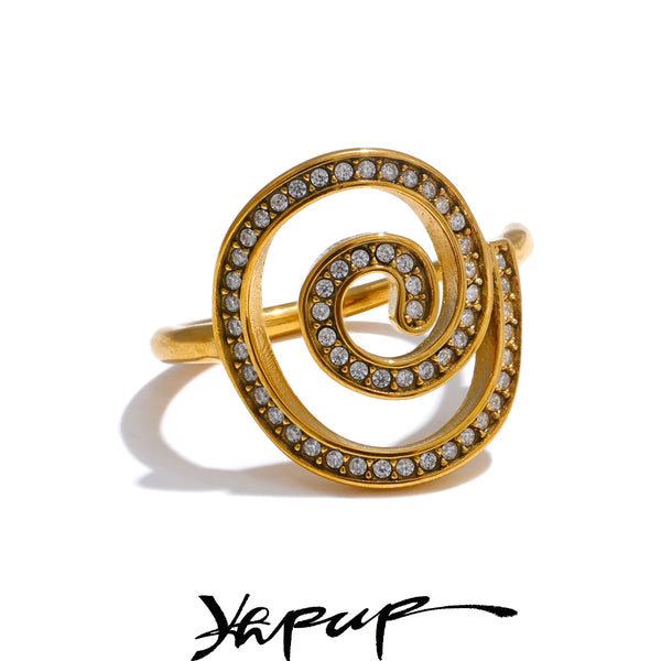 Yhpup Adjustable Stainless Steel Cubic Zirconia Paved Fashion Geometric Ring for Women Delicate Creative Jewelry