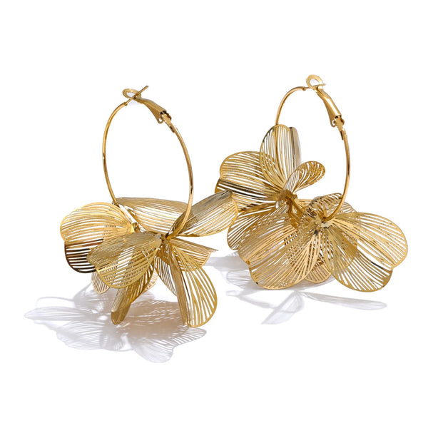 Yhpup Exclusive Design Stainless Steel Metal Flower Big Hoop Earrings Personality Fashion Waterproof Eye-catching Jewelry