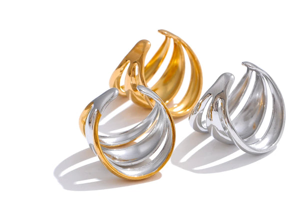 Yhpup Arrivals Glossy Stainless Steel Layered Hollow Open Ring for Women Distinctive Geometric Attractive Jewelry