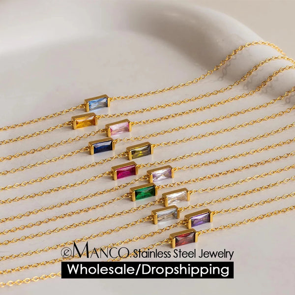 eManco Stainless Steel Bangle  7*3MM Square Birthstone Bracelet Sparkling High-end Rhinestone Accessories  Gift