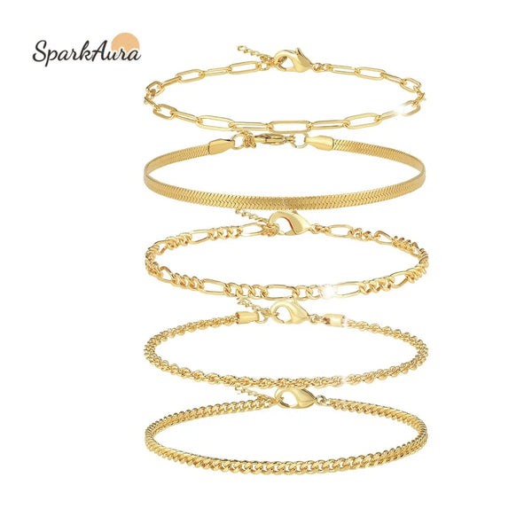 5Pcs 14K Gold Plated Anklet Bracelets for Women, Waterproof Plus Size Cuban Link Chain Ankle Bracelet for Large Ankle 9-12inch