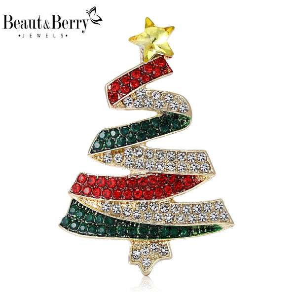 Beaut&Berry Luxury Rhinestone Christmas Tree Brooches for Women Plant Pins Friends Party Gifts Banquet Jewellery Accessories
